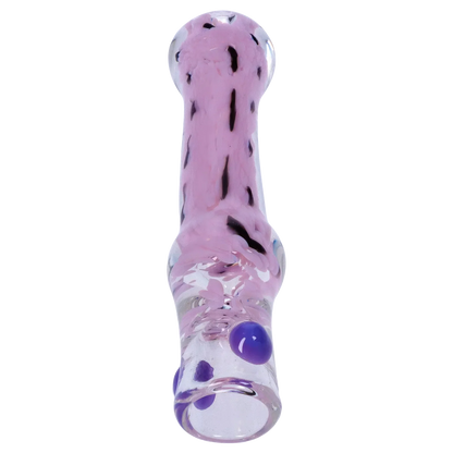 Top-down view of the Smoke Cartel Frit Cone One Hitter - 3 in., showing a translucent glass tube with milky purple swirls and raised purple dots.
