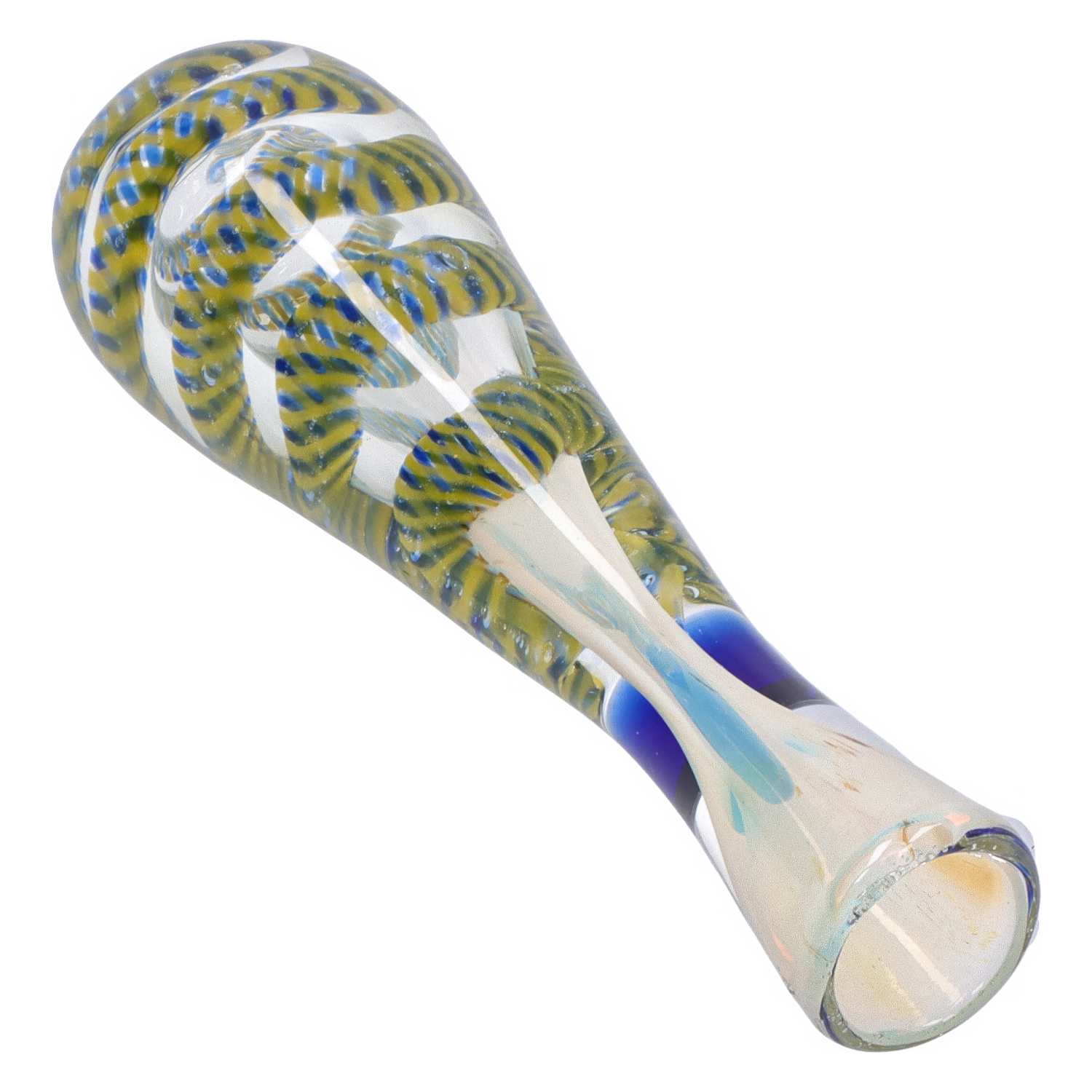 Angled close-up of the Smoke Cartel Piped and Fumed One Hitter - 3 in. showing twisted yellow-and-blue internal canework inside clear fumed glass.