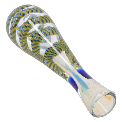 Angled close-up of the Smoke Cartel Piped and Fumed One Hitter - 3 in. showing twisted yellow-and-blue internal canework inside clear fumed glass.