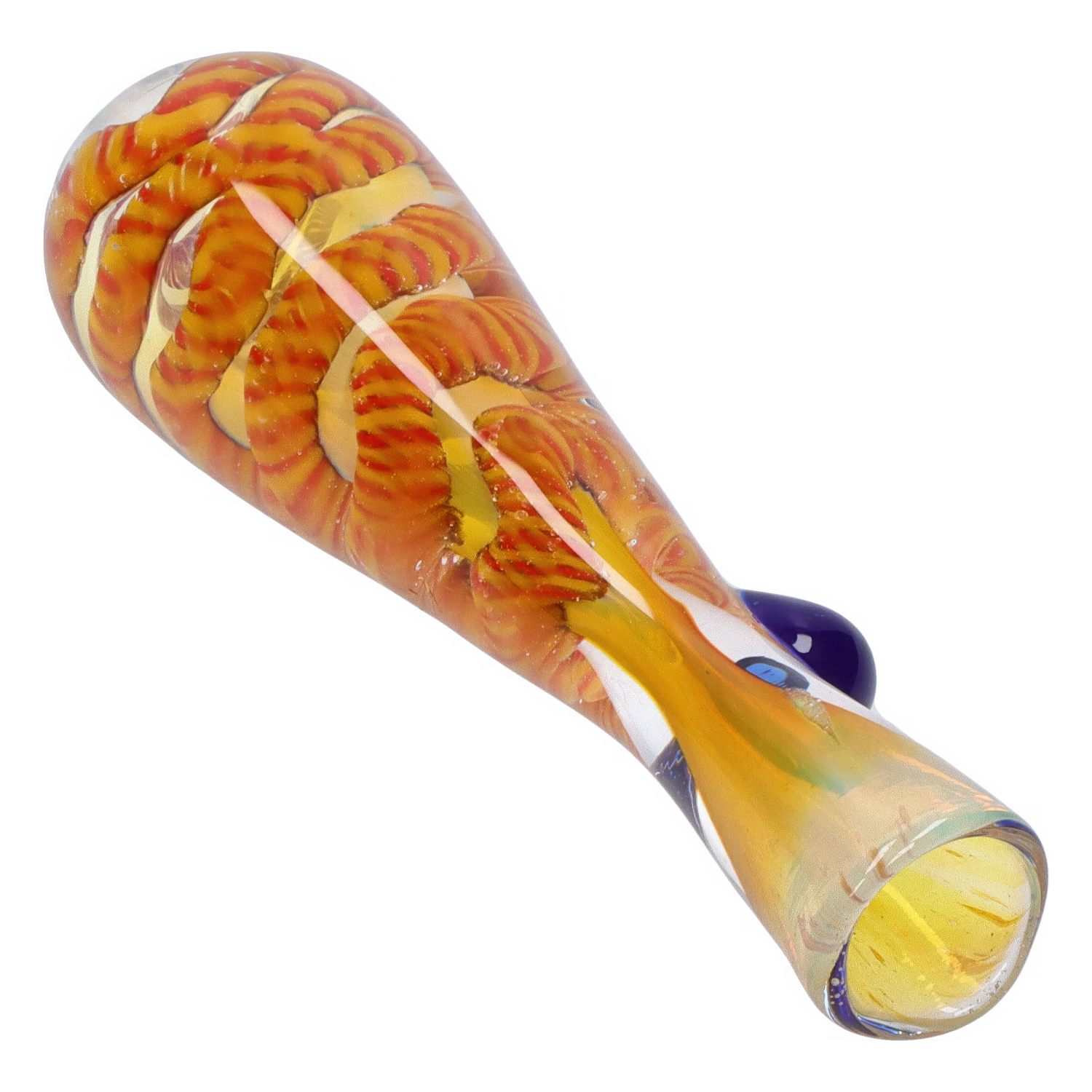 Angled close-up of the Smoke Cartel Piped and Fumed One Hitter - 3 in., showing a glossy yellow-orange twisted fume pattern and rounded mouthpiece.