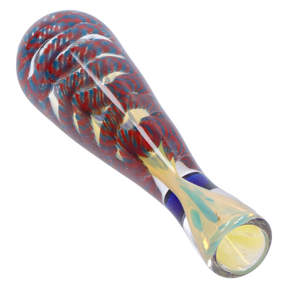 Angled close-up of the Smoke Cartel Piped and Fumed One Hitter - 3 in. showing a tapered glass body with red and blue swirls and an iridescent mouthpiece.