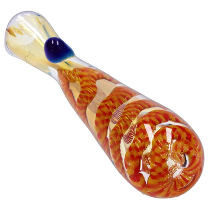 Angled close-up of the Smoke Cartel Piped and Fumed One Hitter - 3 in. showing a spiraled orange internal twist and a glossy blue thumb rest under bright studio lighting