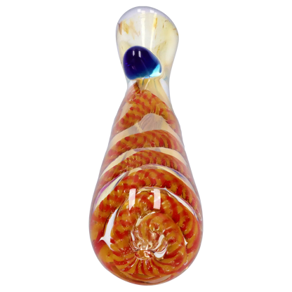 Top-down close-up of the Smoke Cartel Piped and Fumed One Hitter - 3 in., showing a spiraled orange-red interior pattern and a glossy blue carb on a white background