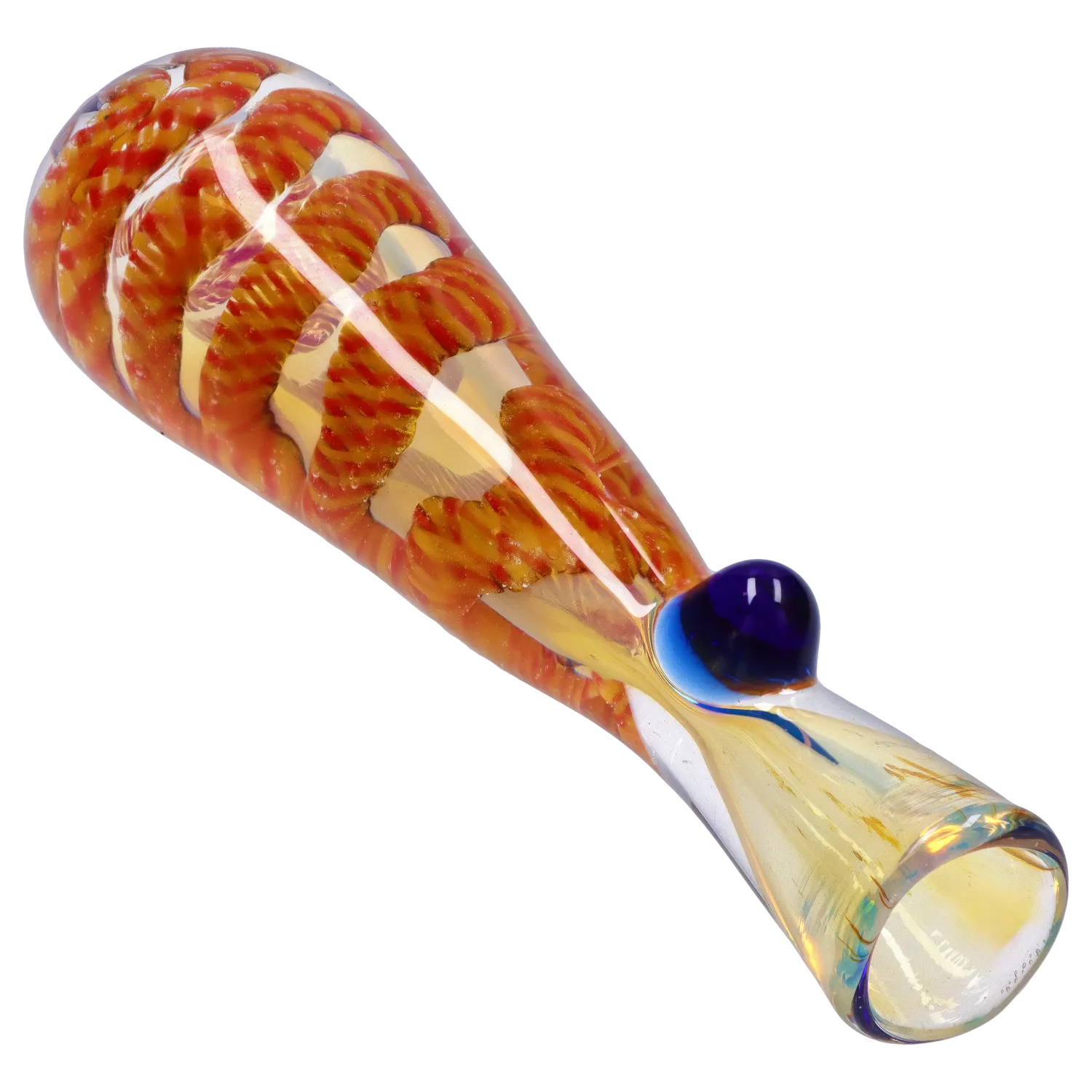 Angled close-up of the Smoke Cartel Piped and Fumed One Hitter - 3 in. showing orange spiral fuming inside clear glass with a blue glass knob.