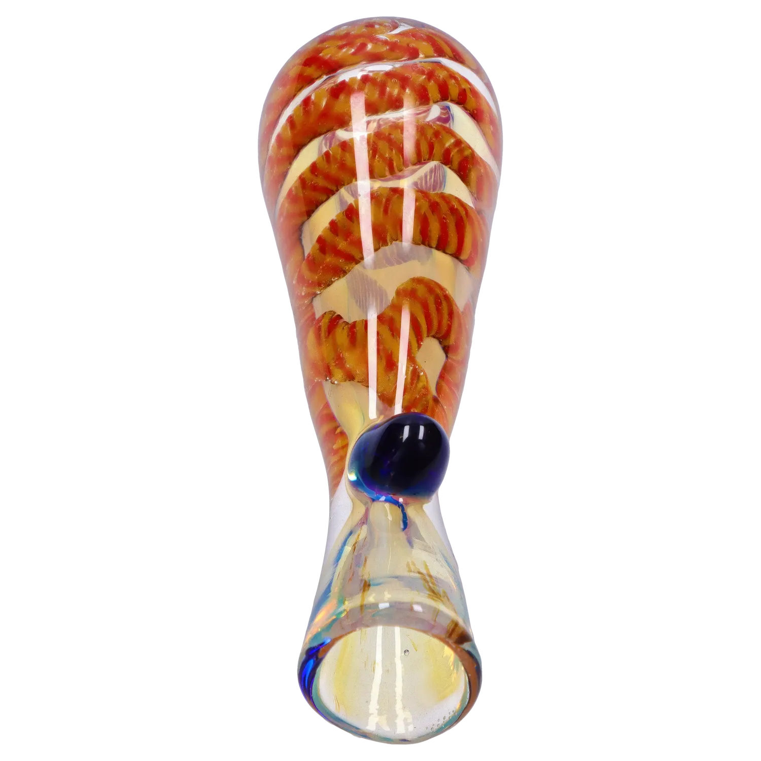 Close-up top-down view of the Smoke Cartel Piped and Fumed One Hitter - 3 in. showing its twisted orange-red internal spiral and glossy rounded mouthpiece.