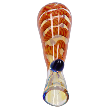 Close-up top-down view of the Smoke Cartel Piped and Fumed One Hitter - 3 in. showing its twisted orange-red internal spiral and glossy rounded mouthpiece.