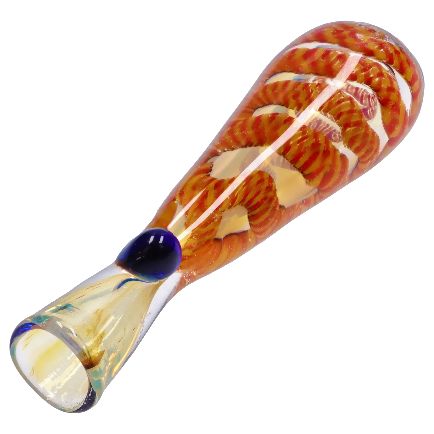 Angled close-up of the Smoke Cartel Piped and Fumed One Hitter - 3 in. showing orange twisted cane work inside clear glass and a blue glass carb.