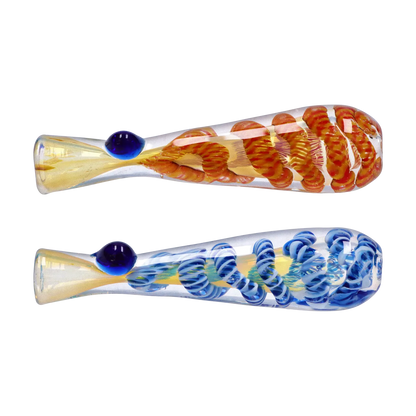 Two horizontal close-up views of glass one hitters showing spiral fumed interiors, titled Smoke Cartel Piped and Fumed One Hitter - 3 in.