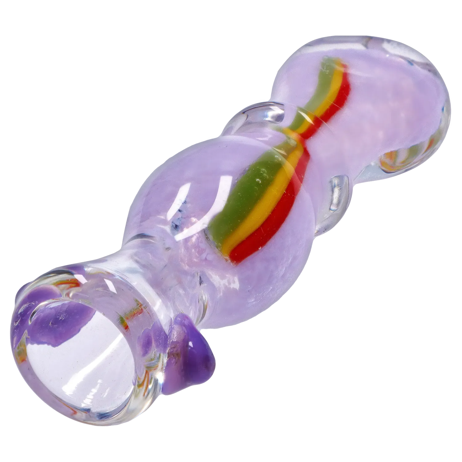 Angled close-up of the Smoke Cartel Frit Rasta One Hitter - 3 in. showing its translucent lavender glass with an internal red, yellow, and green rasta stripe.
