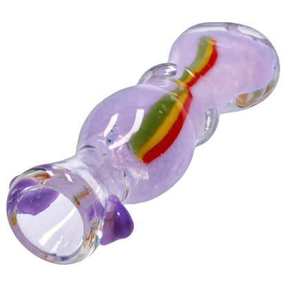 Angled close-up of the Smoke Cartel Frit Rasta One Hitter - 3 in. showing its translucent lavender glass with an internal red, yellow, and green rasta stripe.