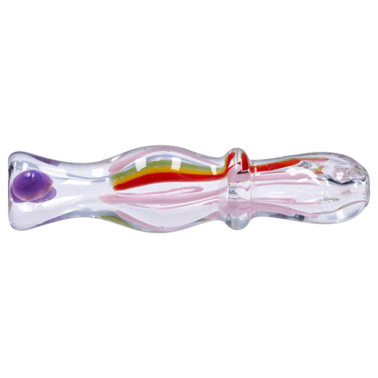Side view of the Smoke Cartel Frit Rasta One Hitter - 3 in. glass pipe showing clear body with pink swirls, a central red-yellow-green stripe, and a purple carb.