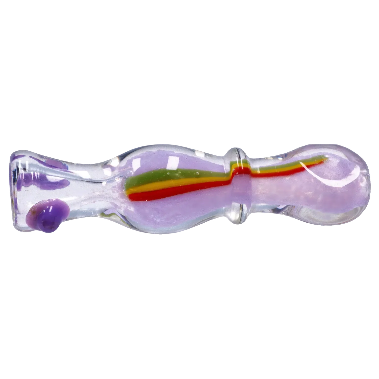 Side view of the Smoke Cartel Frit Rasta One Hitter - 3 in., a transparent purple glass pipe with a central red-yellow-green stripe and glossy highlights