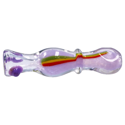 Side view of the Smoke Cartel Frit Rasta One Hitter - 3 in., a transparent purple glass pipe with a central red-yellow-green stripe and glossy highlights