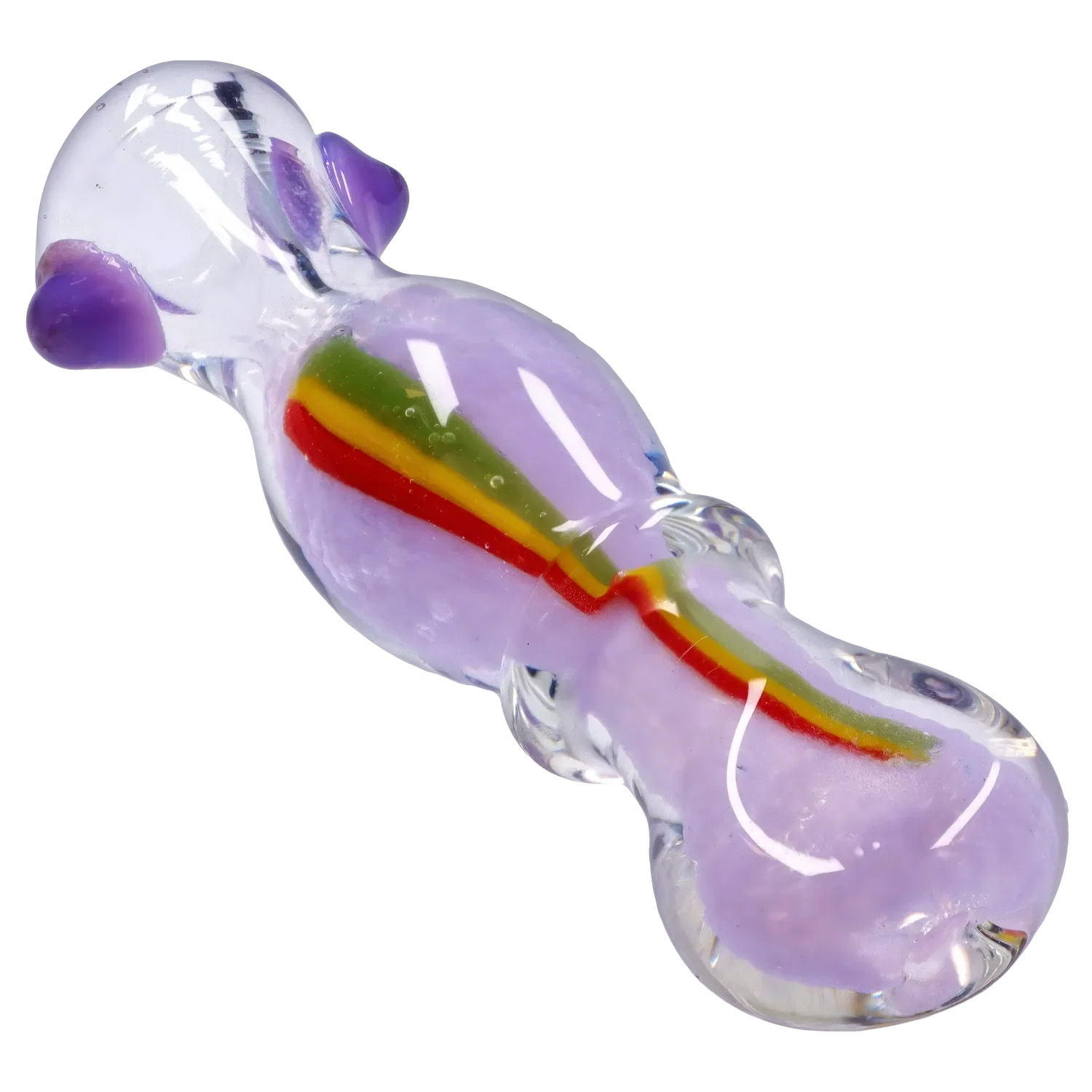 Angled close-up of the Smoke Cartel Frit Rasta One Hitter - 3 in., showing a lavender glass body with a red-yellow-green stripe and purple glass accents.