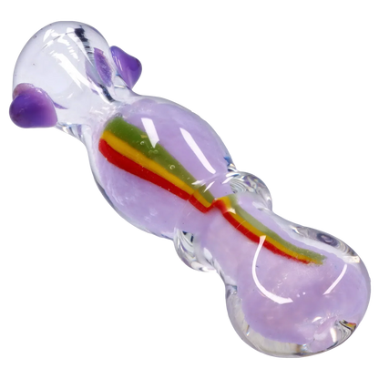 Angled close-up of the Smoke Cartel Frit Rasta One Hitter - 3 in., showing a lavender glass body with a red-yellow-green stripe and purple glass accents.