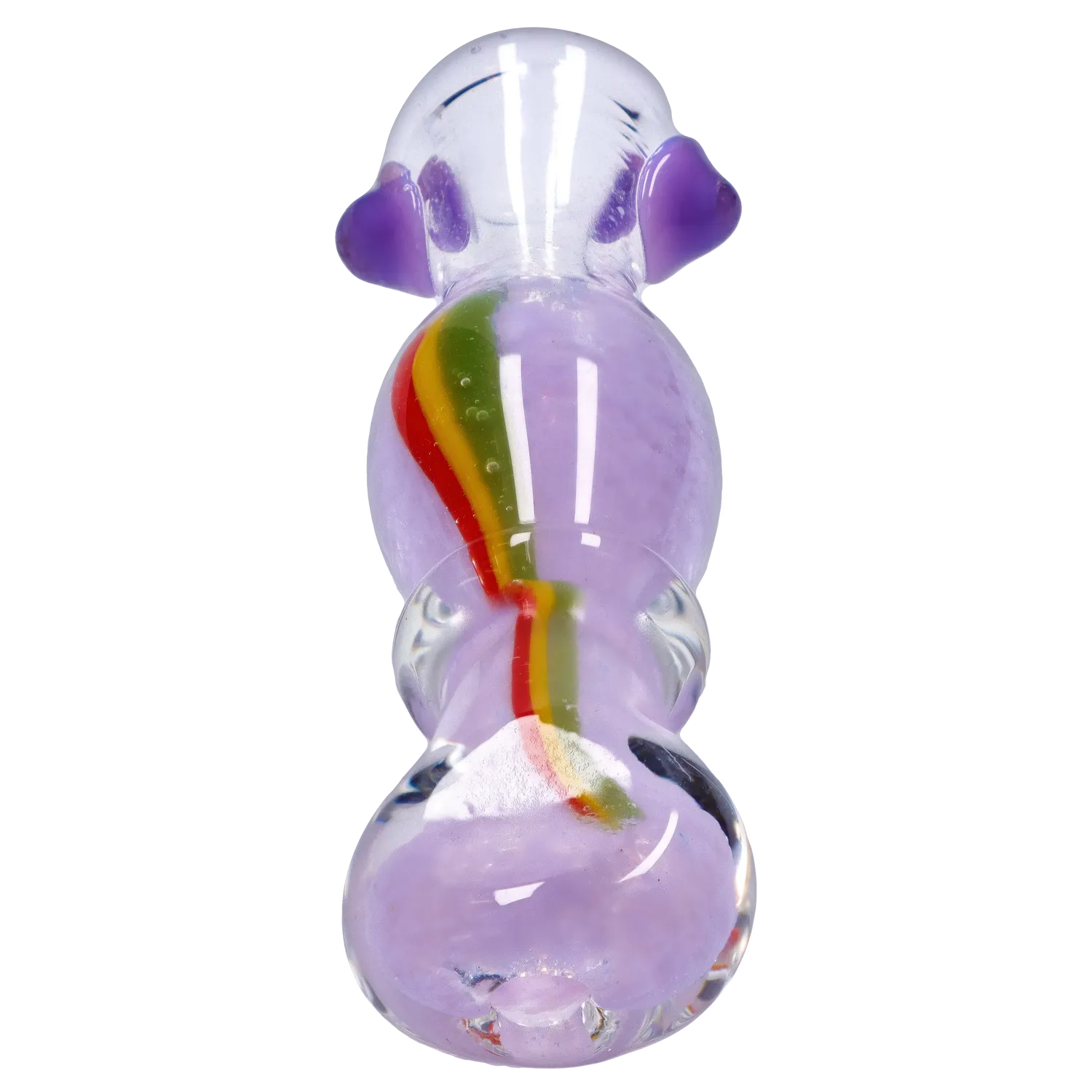 Top-down close-up of the Smoke Cartel Frit Rasta One Hitter - 3 in. showing a clear glass tube with lavender frit and a red-yellow-green rasta stripe.