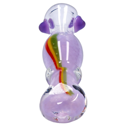 Top-down close-up of the Smoke Cartel Frit Rasta One Hitter - 3 in. showing a clear glass tube with lavender frit and a red-yellow-green rasta stripe.