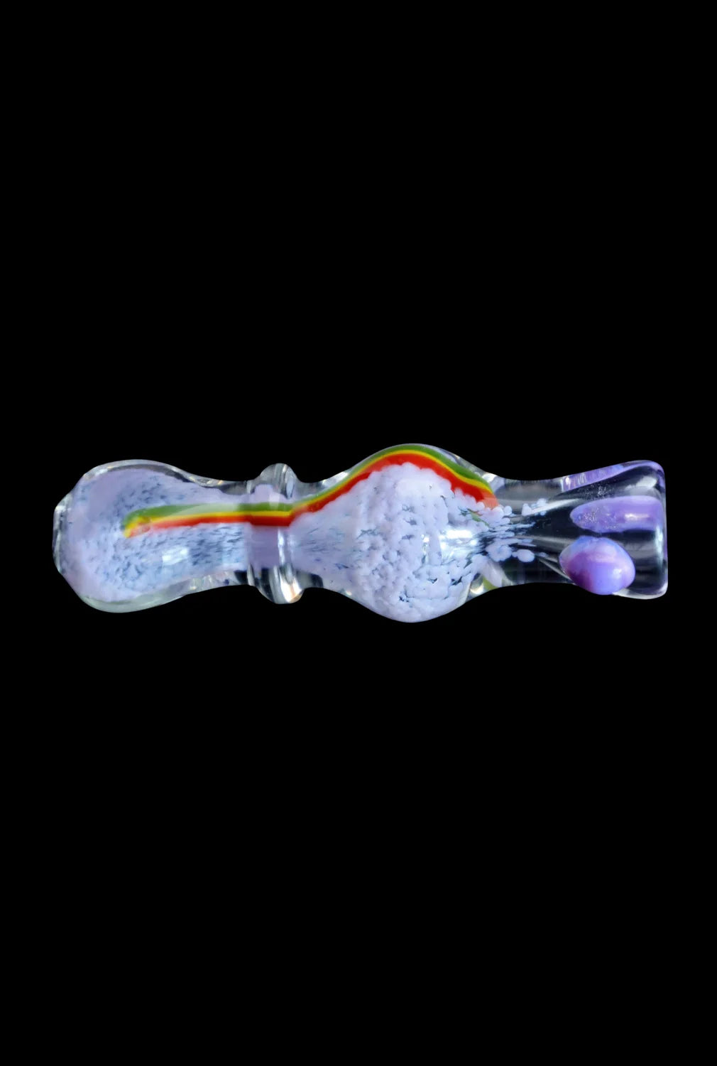 Horizontal close-up of the Smoke Cartel Frit Rasta One Hitter - 3 in. showing a clear glass body with white frit and a red-yellow-green stripe.