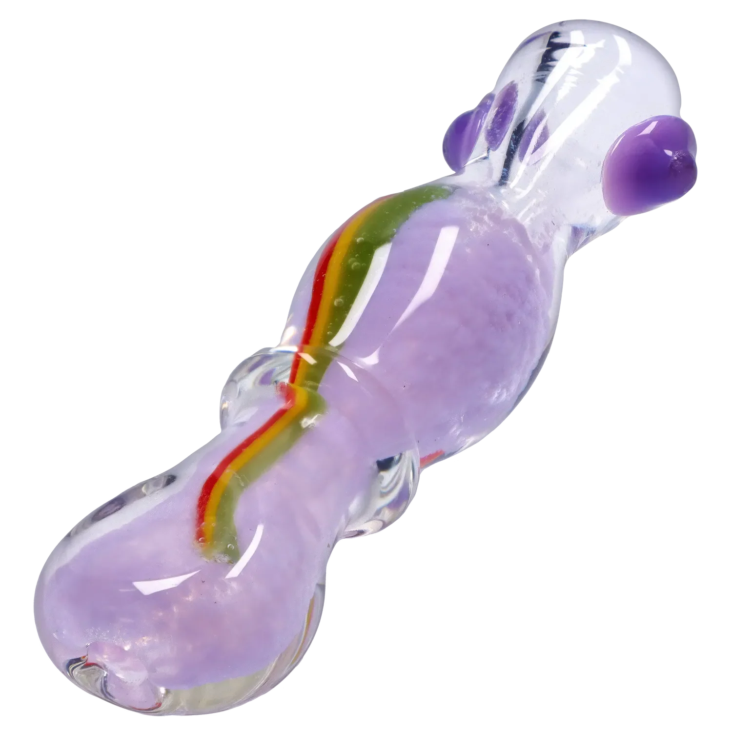 Angled close-up of the Smoke Cartel Frit Rasta One Hitter - 3 in., showing its clear glass with lavender frit and a thin red-yellow-green rasta stripe.