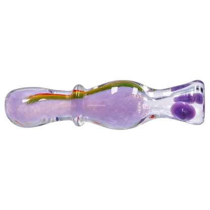 Top-down view of the Smoke Cartel Frit Rasta One Hitter - 3 in. showing a clear glass tube with lavender frit inside and a green-red rasta stripe along its length.