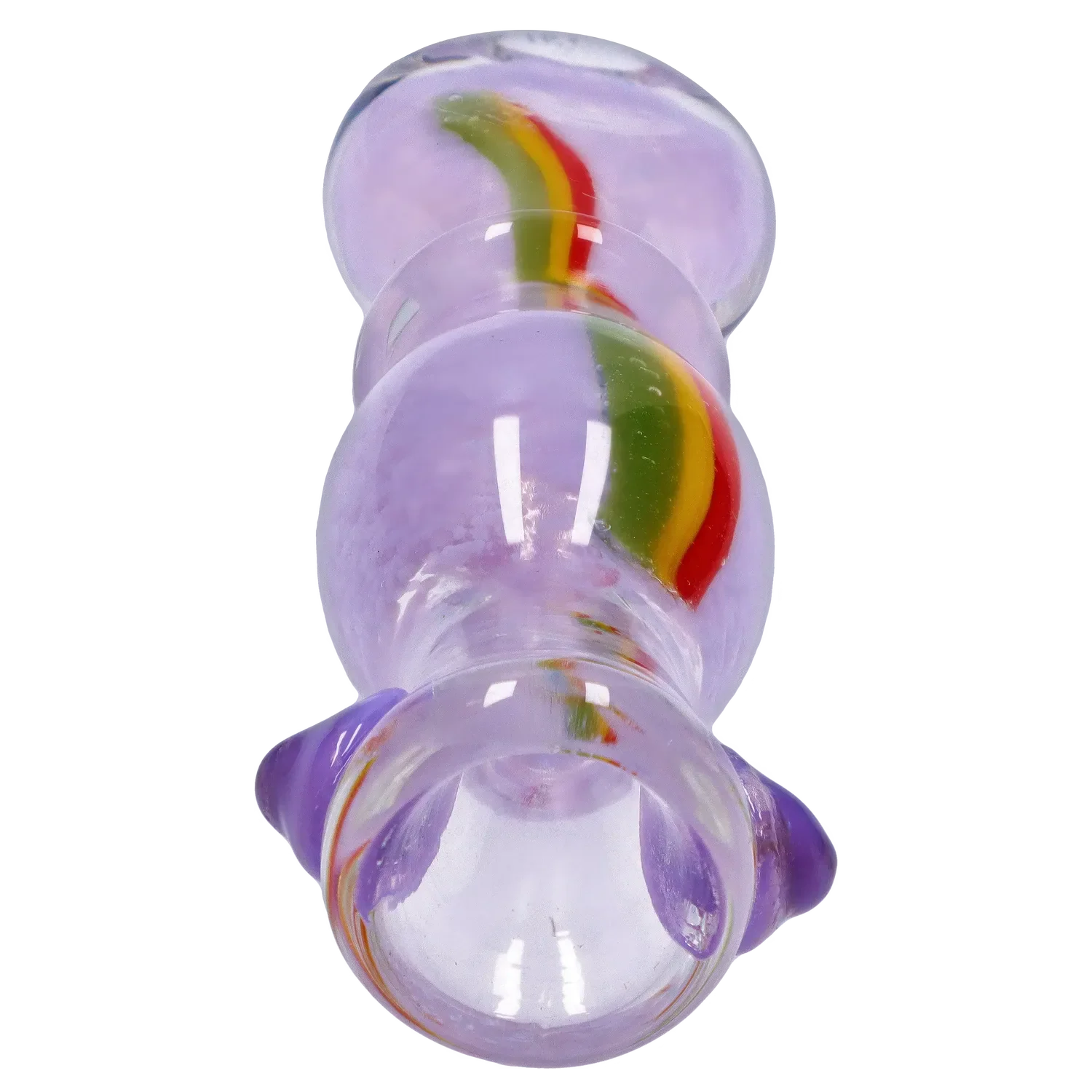 Top-down close-up of the lavender Smoke Cartel Frit Rasta One Hitter - 3 in. showing a curved red-yellow-green frit stripe inside the glass.