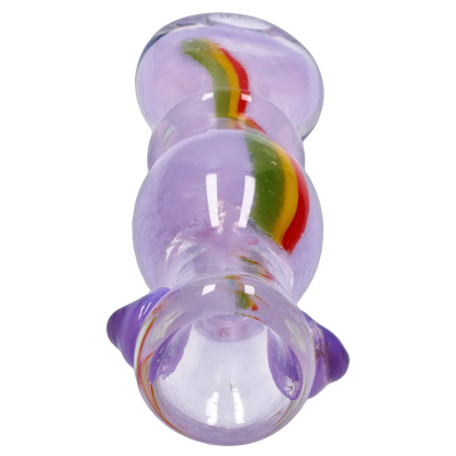 Top-down close-up of the lavender Smoke Cartel Frit Rasta One Hitter - 3 in. showing a curved red-yellow-green frit stripe inside the glass.
