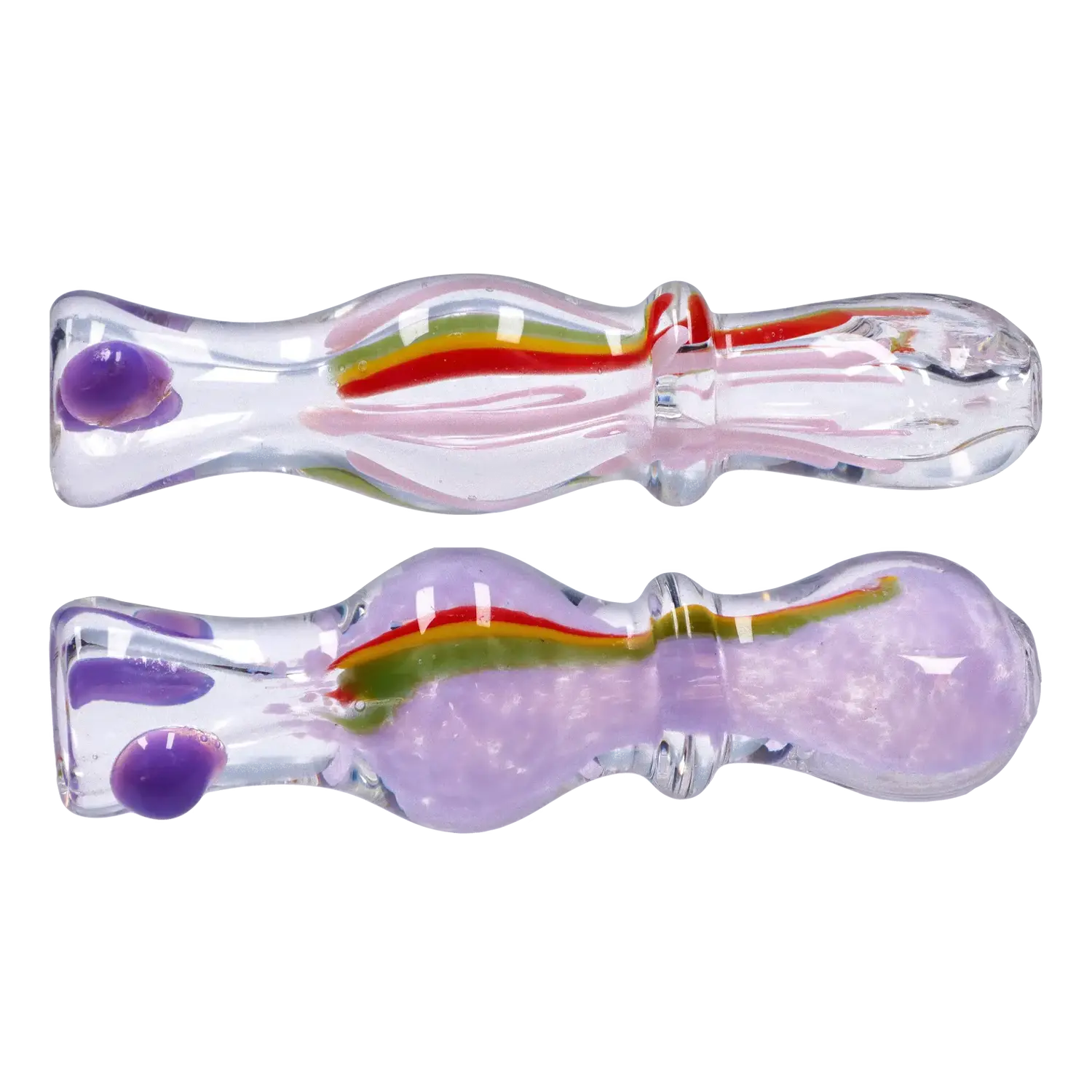 Top-down view of two translucent glass pipes with purple accents and a red-yellow-green stripe, the Smoke Cartel Frit Rasta One Hitter - 3 in.