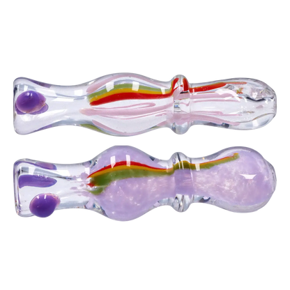 Top-down view of two translucent glass pipes with purple accents and a red-yellow-green stripe, the Smoke Cartel Frit Rasta One Hitter - 3 in.