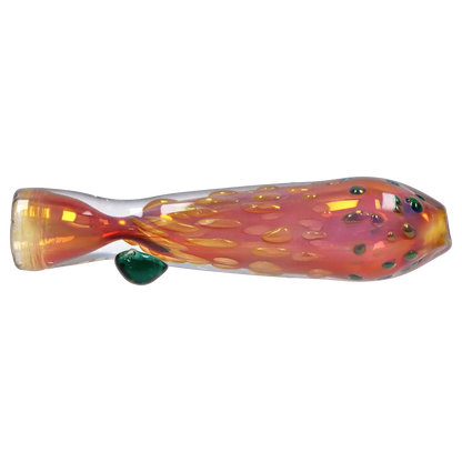 Side profile of the Smoke Cartel Gold Dot One Hitter - 3 in. showing an iridescent orange-red glass tube with raised gold dots and a small green glass foot.
