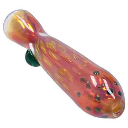 Angled close-up of the Smoke Cartel Gold Dot One Hitter - 3 in. showing its iridescent orange-red glass with raised gold dots and a small green glass foot.