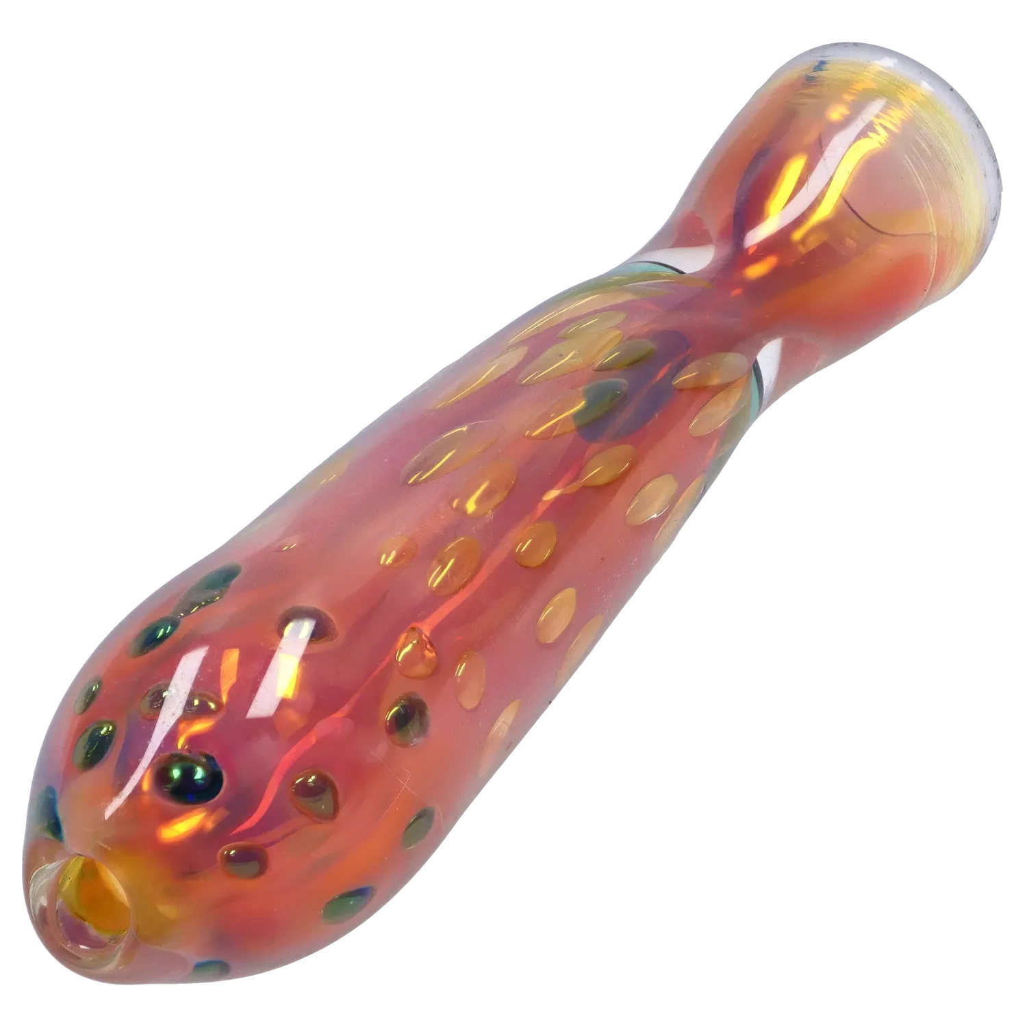 Angled close-up of the iridescent Smoke Cartel Gold Dot One Hitter - 3 in. showing a red-orange glass body with raised gold dots and reflective highlights