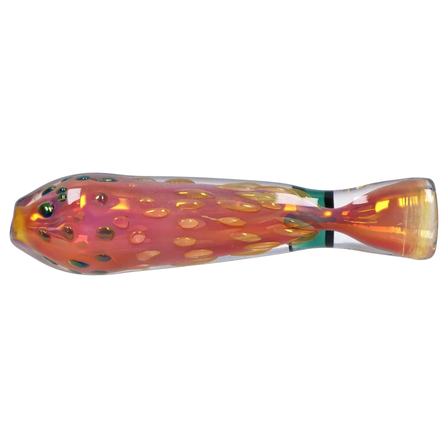 Side-on view of the iridescent, pink-orange Smoke Cartel Gold Dot One Hitter - 3 in. showing raised gold dots and a tapered mouthpiece.