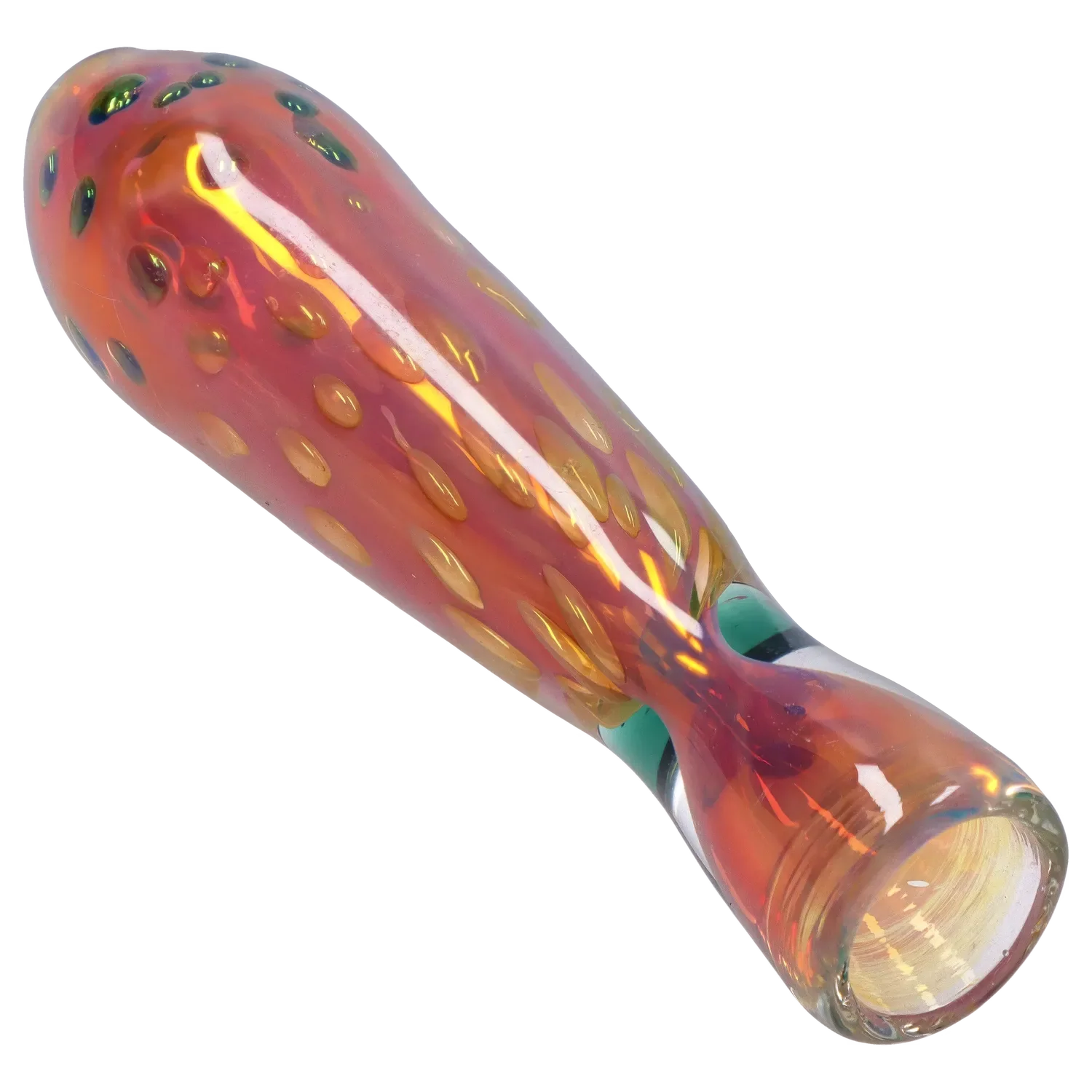Angled close-up of the iridescent Smoke Cartel Gold Dot One Hitter - 3 in. showing its orange-pink glass surface with raised gold dots and glossy reflections