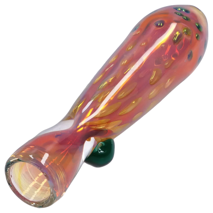 Close-up angled view of the iridescent orange and pink Smoke Cartel Gold Dot One Hitter - 3 in. showing raised gold dots and a glossy, reflective finish