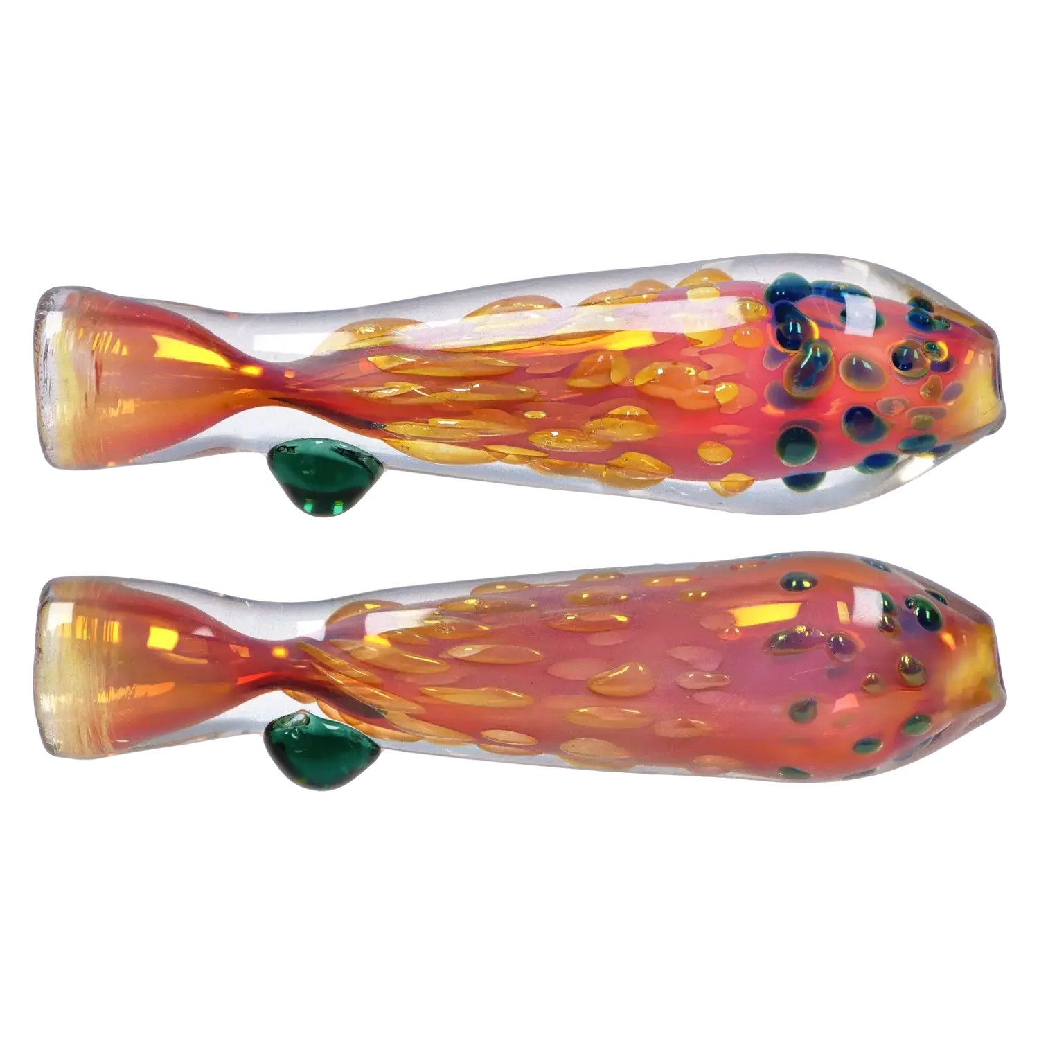 Side view of the Smoke Cartel Gold Dot One Hitter - 3 in. showing two identical iridescent glass tubes with orange-red internal swirls and raised green and blue dot accents.