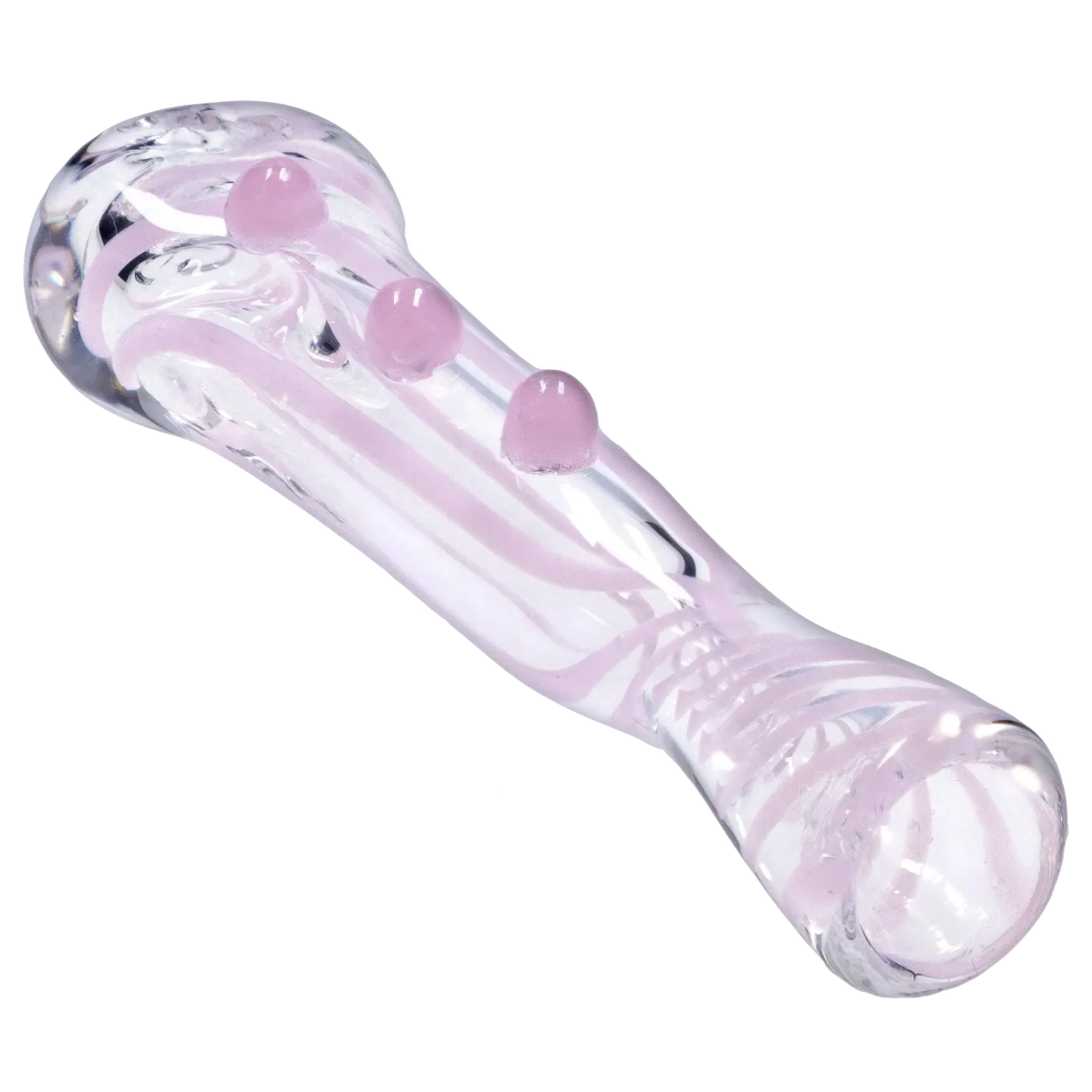 Angled close-up of the Smoke Cartel Slime Line One Hitter - 3 in. showing a clear glass body with pale pink swirls and three raised pink nubs.