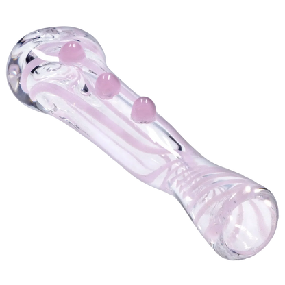 Angled close-up of the Smoke Cartel Slime Line One Hitter - 3 in. showing a clear glass body with pale pink swirls and three raised pink nubs.