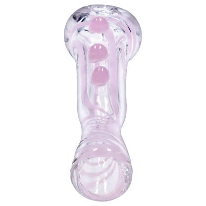 Top-down close-up of the clear glass Smoke Cartel Slime Line One Hitter - 3 in. showing pale pink internal swirls and knobs.