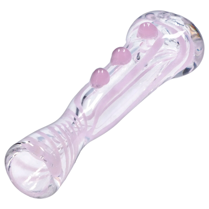 Angled close-up of the Smoke Cartel Slime Line One Hitter - 3 in. showing clear glass with pale pink swirls and three raised pink dots along the stem