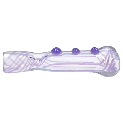 Side profile of the Smoke Cartel Slime Line One Hitter - 3 in. showing a clear glass tube with lavender swirl lines and three raised purple dots.