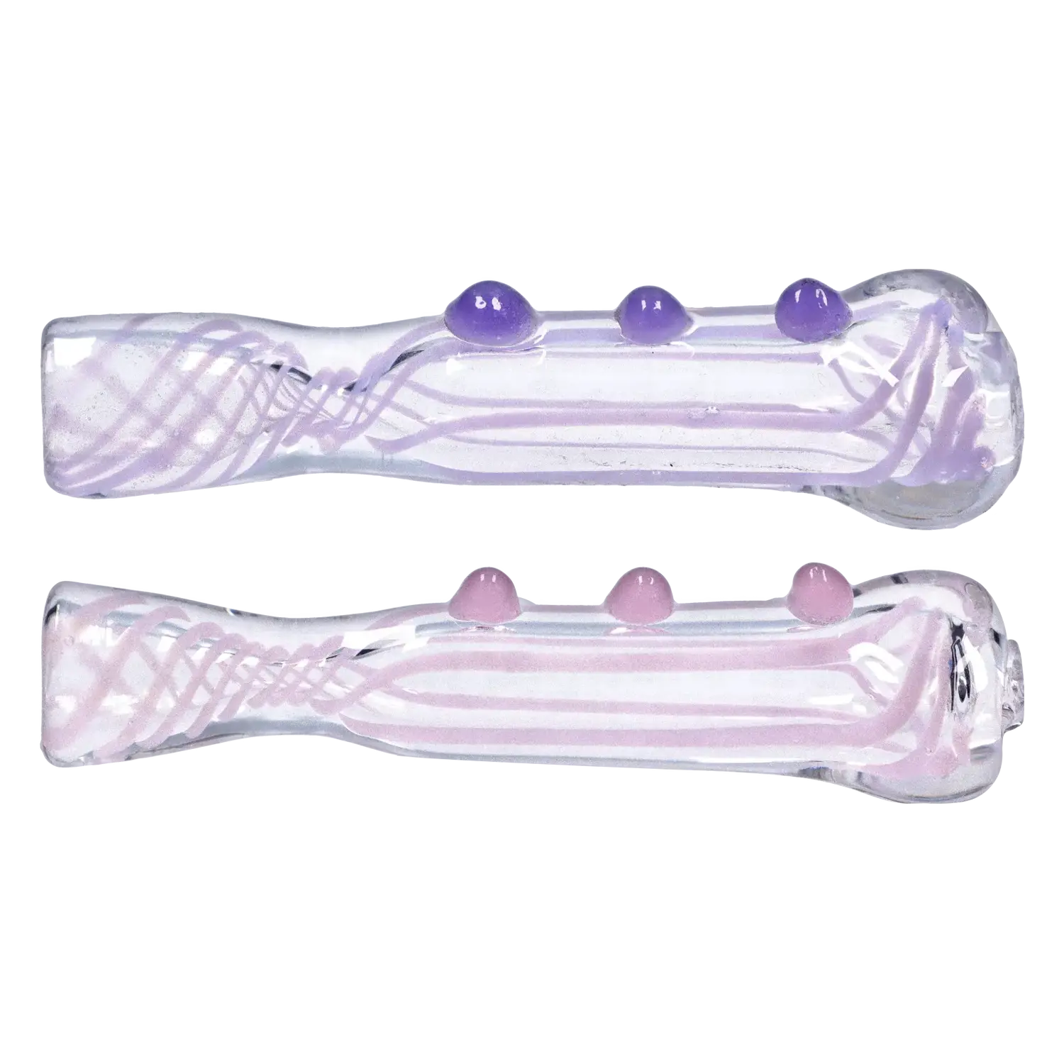 Top-down view of two clear glass Smoke Cartel Slime Line One Hitter - 3 in. tubes with pale purple swirl lines and three raised colored dots along each shaft