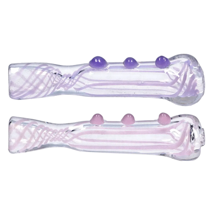 Top-down view of two clear glass Smoke Cartel Slime Line One Hitter - 3 in. tubes with pale purple swirl lines and three raised colored dots along each shaft