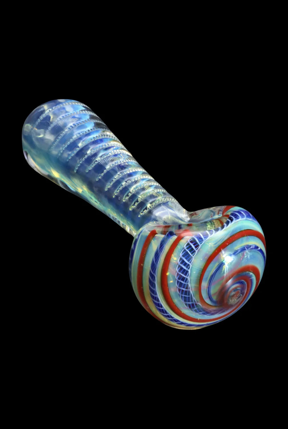 Angled close-up of a fumed, ribbed glass spoon with red and blue swirl bowl — Smoke Cartel Engraved Fumed Spoon Pipe - 3 in.