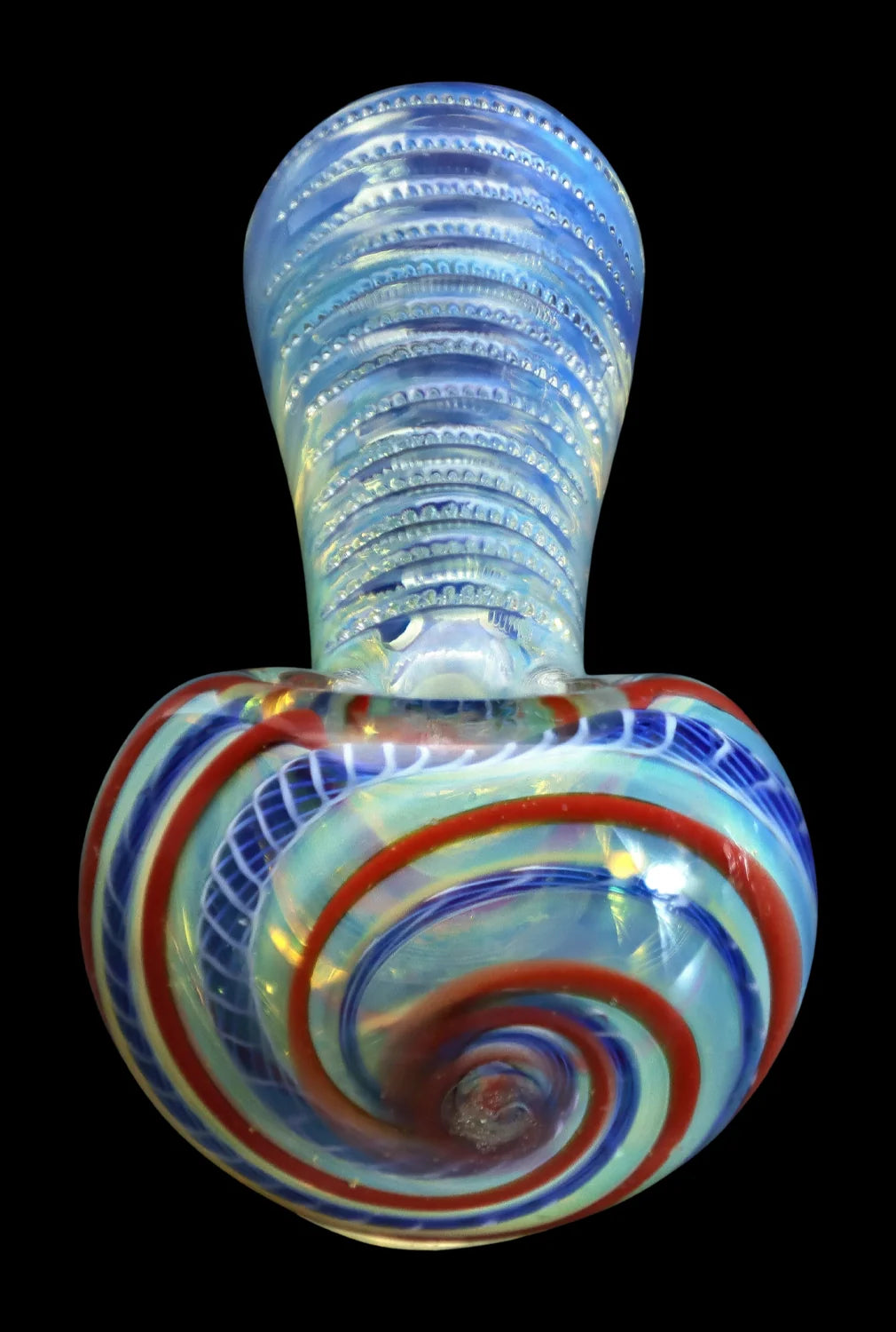 Close-up front view of the Smoke Cartel Engraved Fumed Spoon Pipe - 3 in., showing a spiraled bowl with red and blue swirls and a textured, iridescent neck against a black background