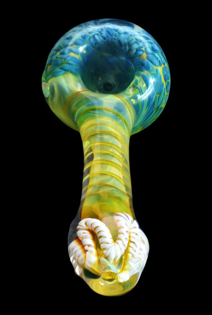 Top-down view of the Smoke Cartel Twisting Frit Spoon Pipe - 3 in. showing its rounded blue-green bowl, spiraled yellow stem, and white twisted frit detail against a black background.