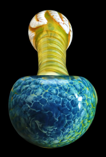 Close-up front view of the Smoke Cartel Twisting Frit Spoon Pipe - 3 in. showing a blue mottled bowl and a ribbed yellow neck on black background