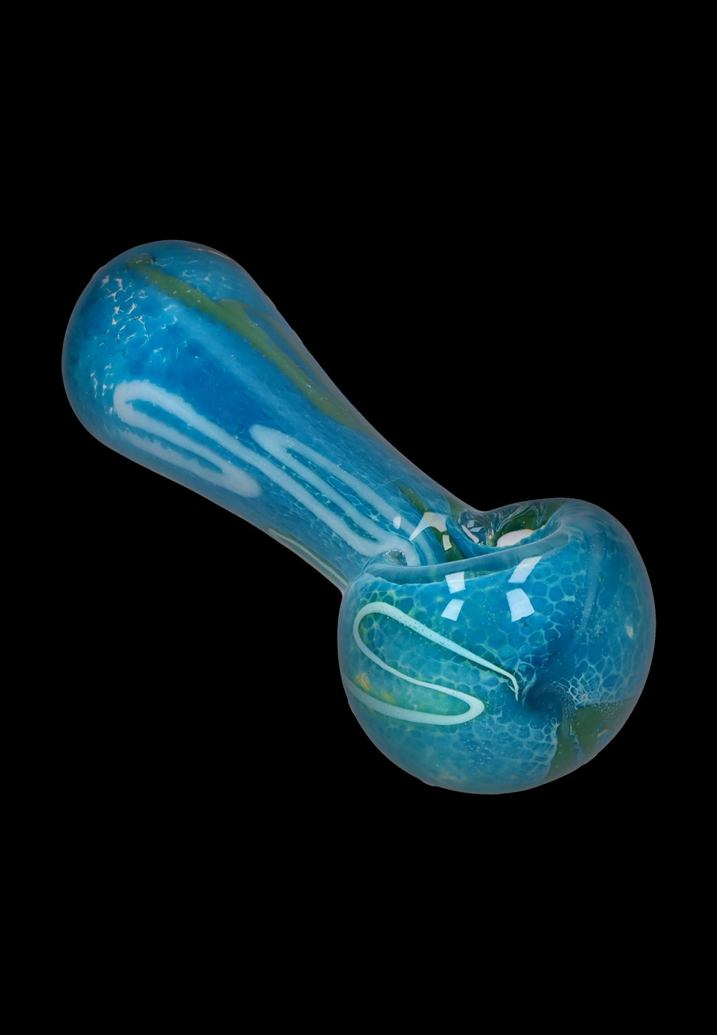 Angled top-down view of the blue Smoke Cartel Color Frit Spoon Pipe - 3 in. showing swirled white lines and textured frit patterns against a black background