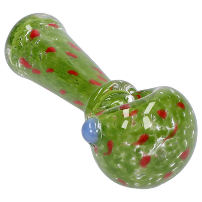 Angled close-up of the green Smoke Cartel Frit with Twisted Mouthpiece Spoon Pipe - 4 in. showing red flecks and a blue glass carb on a white background