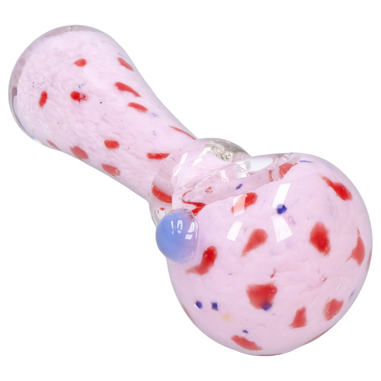Angled close-up of the Smoke Cartel Frit with Twisted Mouthpiece Spoon Pipe - 4 in., showing its pink glass body with red flecks, clear twisted mouthpiece, and blue glass carb.