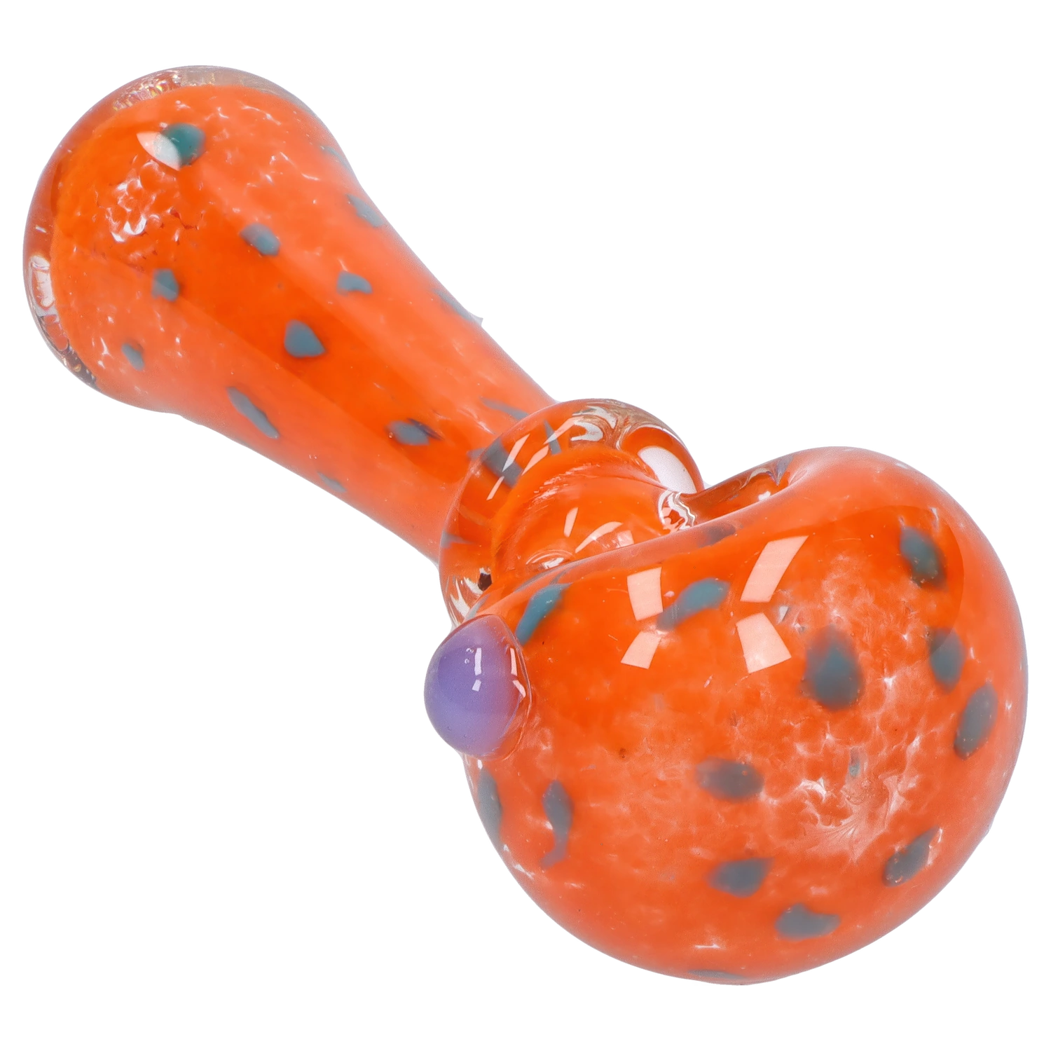 Angled close-up of the Smoke Cartel Frit with Twisted Mouthpiece Spoon Pipe - 4 in., showing its glossy orange glass with blue spots.